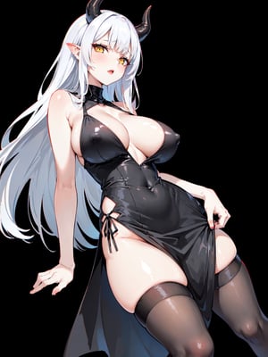 ((25 years old female)), ((realistic)), ((female_demon)), ((sexy_demon)), ((horned_girl)), (white_hair), (yellow_eyes),((solo female)), 1girl, ((centered), korean young girl, slim waist, long black hair, blunt bangs, (gigantic breasts:1.2), no underwear, ((sexy tight dress, deep v-neck dress, open dress)), classroom, dynamic angle, from the side below, red lips, (shiny skin), covered nipples, cleavage, covered navel,  panty_hose, bare shoulders, ((medium_full_shot)), (black_background:1.6), (simple_background:1.6),