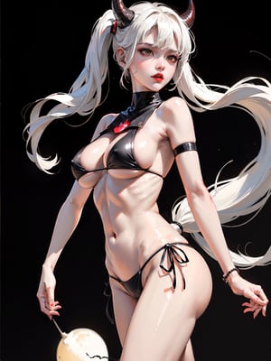 ((25 years old female)), ((realistic)), ((female_demon)), ((sexy_demon)), ((horned_girl)), (white_hair), (yellow_eyes),((solo female)), 1girl, ((centered), korean young girl, slim waist, long black hair, blunt bangs, (gigantic breasts:1.2), no underwear, ((sexy bikini)), ((high-waisted_thong)), ((mini_bikini)), classroom, dynamic angle, from the side below, red lips, (shiny skin), covered nipples, cleavage, covered navel,  panty_hose, bare shoulders, ((medium_full_shot)), (black_background:1.6), (simple_background:1.6),