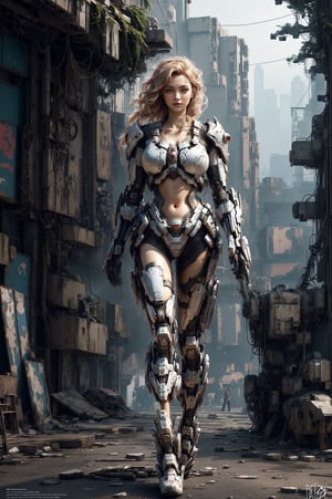 8k portrait of beautiful girl with blonde hair, wearing cyberpunk suit, walking to the viewer, majestic, digital photography, ruled of third composition, art by artgerm and ruan jia and greg rutkowski surreal painting, broken glass, (masterpiece, sidelighting, finely detailed beautiful eyes: 1.2), hdr, (detailed background cyberpunk city in lush rainforest : 0.7),stationary_restraints,mecha musume,mecha