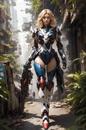 8k portrait of beautiful girl with blonde hair, wearing cyberpunk suit, walking to the viewer, majestic, digital photography, ruled of third composition, art by artgerm and ruan jia and greg rutkowski surreal painting, broken glass, (masterpiece, sidelighting, finely detailed beautiful eyes: 1.2), hdr, (detailed background cyberpunk city in lush rainforest : 0.7),stationary_restraints,mecha musume,mecha,SRS