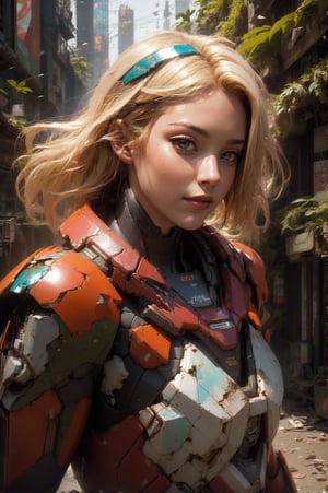 8k portrait of beautiful girl with blonde hair, wearing cyberpunk suit, walking to the viewer, close-up photo, majestic, digital photography, ruled of third composition, art by artgerm and ruan jia and greg rutkowski surreal painting, broken glass, (masterpiece, sidelighting, finely detailed beautiful eyes: 1.2), hdr, (detailed background cyberpunk city in lush rainforest : 0.7),stationary_restraints,mecha musume,mecha,SRS