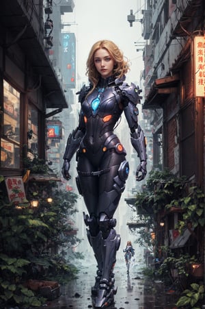 8k close up shot of beautiful girl with blonde hair, wearing body covered cyberpunk suit, standing poses, majestic, digital photography, ruled of third composition, art by artgerm and ruan jia and greg rutkowski surreal painting, broken glass, (masterpiece, sidelighting, finely detailed beautiful eyes: 1.2), hdr, (detailed background night cyberpunk city in lush vegetation : 0.7),stationary_restraints,mecha musume,mecha,SRS,futureaodai,RedHoodWaifu