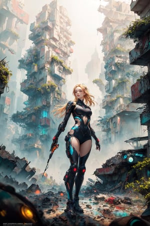 8k portrait of beautiful girl with blonde hair, wearing cyberpunk suit, dynamic stand poses, majestic, digital photography, ruled of third composition, art by artgerm and ruan jia and greg rutkowski surreal painting, broken glass, (masterpiece, sidelighting, finely detailed beautiful eyes: 1.2), hdr, (detailed background cyberpunk city in lush rainforest : 0.7)