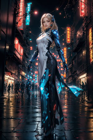 8k close up shot of beautiful girl with blonde hair, wearing body covered cyberpunk suit, standing poses, majestic, digital photography, ruled of third composition, art by artgerm and ruan jia and greg rutkowski surreal painting, broken glass, (masterpiece, sidelighting, finely detailed beautiful eyes: 1.2), hdr, (detailed background night cyberpunk city in lush vegetation : 0.7),stationary_restraints,mecha musume,mecha,SRS,futureaodai