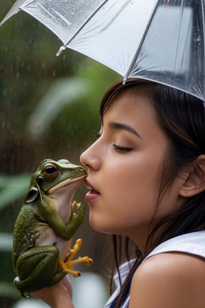 Best Quality, 32k, photorealistic, ultra-detailed, finely detailed, high resolution, perfect dynamic composition, beautiful detailed eyes, sharp-focus, a beautiful school girl, Rainy season, rainy weather, taking shelter from the rain with a frog, Soaking wet