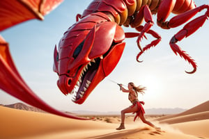 (4k), (masterpiece), (best quality),(extremely intricate), (realistic), (sharp focus), (award winning), (cinematic lighting), (extremely detailed), A girl fighting a red scorpion in the desert, from below, boho_chic