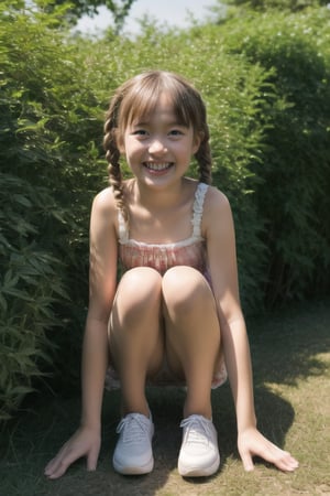 A warm afternoon sun casts a gentle glow on a lush green backyard as two girls, dressed in summer dresses and ponytails, engage in a classic game of hide-and-seek. One girl crouches behind a tall bush, her bright smile hidden from view, while the other searches for her friend with an excited gaze, her blonde pigtails bouncing with each step.