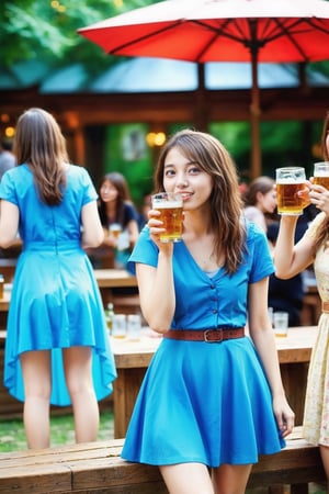 (masterpiece, best quality, dynamic angle, realistic, wide shot), drunk girls drinking beer, full body, beer garden, sharp focus ,real_booster