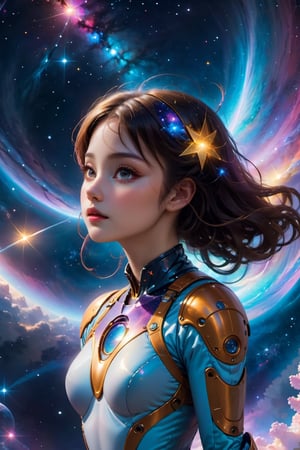 best quality, 8k, realistic, vibrant colors, high-res lighting,  galaxies, A girl floating in a space suit, breathtaking landscapes, ethereal atmosphere, sparkling stars, glowing nebulae, celestial wonders, surreal beauty, mesmerizing glow, cosmic journey, dreamlike scenes, tranquil depths, floating gracefully, immersive experience, mesmerizing visuals,  otherworldly creatures, graceful movements, enchanted world, celestial ballet, mystical ambiance, divine energy, celestial serenity, serene tranquility