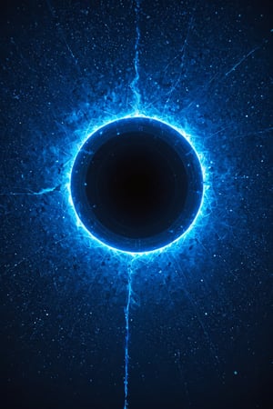 A swirling vortex of dark matter dominates the frame, a cosmic black hole's event horizon illuminated by an eerie blue glow. Starlight and gas swirl around its edge, a mesmerizing dance of celestial debris. In the distance, a distant galaxy's faint light hints at the vastness of the universe.