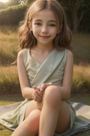 A young girl sits comfortably on a blanket-covered grassy hill, her legs bent at the knee and arms draped casually beside her. Her expression is serene, with a slight smile playing on her lips. The warm sunlight casts a gentle glow over the scene, with soft shadows beneath her eyes and along her nose.