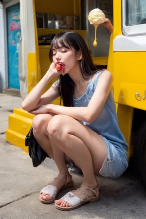 A bright, sunny day at a classic American ice cream truck. The girl, dressed in a casual summer outfit, is sitting on the curb with her knees bent and feet flat on the ground. She's intently focused on licking a colorful swirl of soft-serve ice cream from a cone, her eyes closed in bliss as the cold treat dissolves in her mouth. A few stray drips of ice cream adorn her hand and arm, adding to the carefree atmosphere.