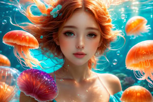 (Top Quality, 8K, High Resolution, masterpiece:1.2), ultra-detailed, realistic, physically based rendering, HDR, soft lighting, Girl swimming with jellyfish under the sea,NYFlowerGirl