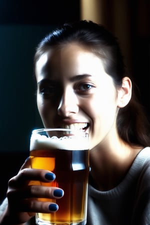 (masterpiece, best quality, dynamic angle, realistic, wide shot, (symmetry:1.2), drunk girl drinking beer