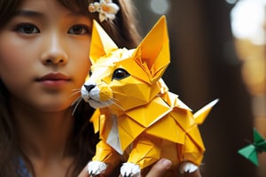 (4k),  (masterpiece),  (best quality), (extremely intricate),  (realistic),  (sharp focus),  (award winning),  (extremely detailed), (best quality,4k,8k,highres,masterpiece:1.2),ultra-detailed,(realistic,photorealistic,photo-realistic:1.37), A girl folding animals with origami, full body, from below, park, real_booster,kwon-nara
