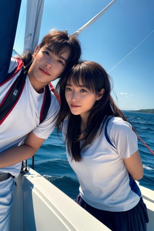 A thrilling mixed doubles sailing competition on a sunny day at sea. The camera captures a close-up shot of two sailors, one man and one woman, leaning over the edge of the yacht's deck as they work together to balance their vessel in choppy waters. The man's eyes are fixed intently on the horizon, while the woman's gaze is downward, her hand grasping the sail for support. The sea spray creates a misty veil around them, adding to the sense of urgency and teamwork.