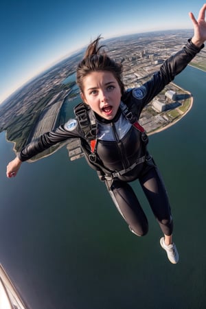 (4k), (masterpiece), (best quality),(extremely intricate), (realistic), (sharp focus), (award winning), (cinematic lighting), (extremely detailed), Skydiving, girl about to jump from Cessna, scared, clear sky, over the city