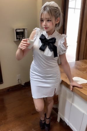 Beautiful maid wiping up spilled coffee, from below, full body, apologetic face, silver hair, blue eyes