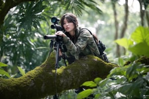 (sharp focus),  (award winning),  (extremely detailed),  (best quality, 4k, 8k, highres, masterpiece:1.2), ultra-detailed, (realistic, photorealistic, photo-realistic:1.37),Female sniper hiding above a tree in the jungle,full body, sniper rifle