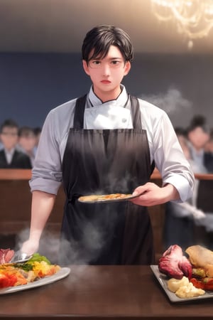 A majestic courtroom chef stands tall in a dramatic pose, gleaming utensils at the ready, amidst a warm glow of soft focus lighting and a blurred background of busy lawyers and judges. The subject's crisp white apron contrasts with the rich wood tones of the bench, as they expertly juggle a tray of steaming dishes and sparkling glasses.