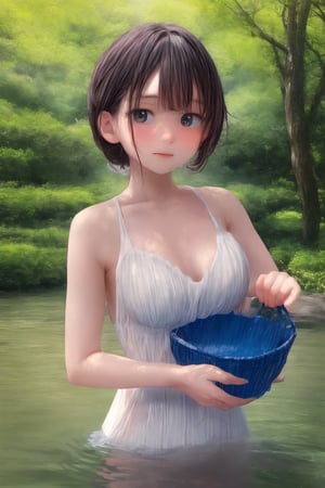 A serene riverside scene: a young girl stands waist-deep in crystal-clear water, gently scrubbing a basket of fresh vegetables with a soft-bristled brush. The warm sunlight casts a gentle glow on her face and the rippling water's surface, while lush greenery and towering trees frame the tranquil atmosphere.