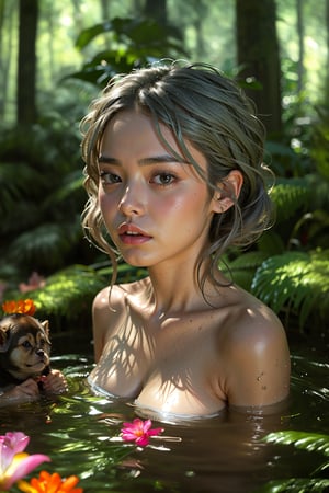 photorealistic, full body picture, detailed facial features, nuanced skin tones, HD, 8k, ultra high definition, intricate details, Ultra realistic, full body, A girl bathing in the forest, sweating, silver hair, blue eyes, summer sunshine, flower, monkey