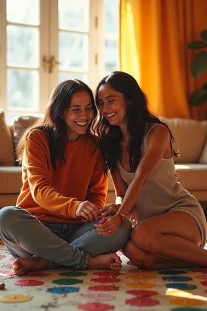 Vibrant living room with a bold color scheme, featuring two stunning women laughing and embracing as they play Twister on a worn-out mat. Soft sunlight pours in through the large window behind them, casting a warm glow on their playful expressions. The camera frames a tight shot of their joyful interaction, focusing on the excitement and intimacy between the friends.