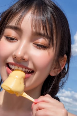 A close-up shot of a young girl's face, eyes closed in bliss as she licks a vibrant blue soft-serve ice cream cone on a sunny summer day. Warm sunlight illuminates her features, with a slight golden glow highlighting the texture of the ice cream and the smile playing on her lips.