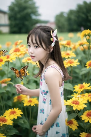 A girl playing with butterflies, a view of beautiful flowers blooming