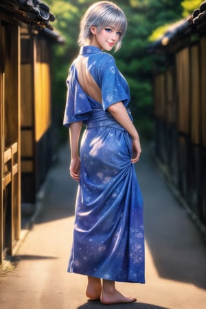 (Top Quality, 8K, High Resolution, masterpiece:1.2), ultra-detailed, realistic, physically based rendering, HDR, colorful lighting, full body, Summer sunshine, girl looking back, silver hair, blue eyes, from below, cute pose, smilling, Kyoto, print_yukata,perfect split lighting