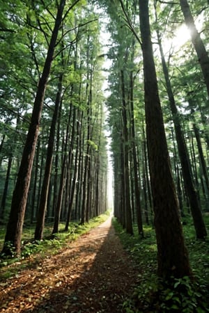 A lone figure of a young girl, dressed in earthy tones, stands amidst a dense forest, surrounded by towering trees that seem to stretch up to the sky. The camera frames her from a low angle, emphasizing her vulnerability as she gazes down at the path ahead, her eyes filled with worry and uncertainty. Soft, dappled sunlight filters through the leaves, casting a warm glow on her face.