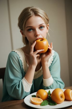 score_9,score_8_up,score_7_up,score_6_up,score_5_up, masterpiece,best quality,very detailed,(complex,very detailed,8K,masterpiece), Girl eating fruit