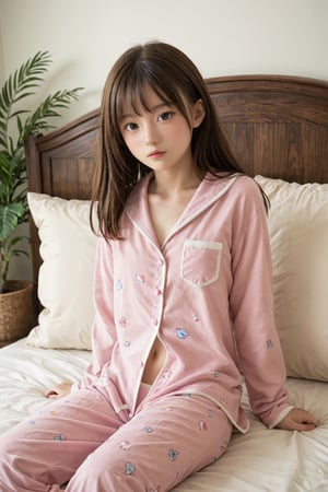 Soft focus captures a young girl reclining on a plush bed, her cheek resting on her palms. Loose-fitting pajamas drape effortlessly over her slender frame, a gentle haze of morning light dancing across the scene as she gazes thoughtfully into space.