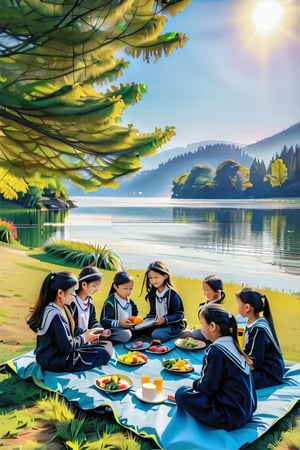 A serene lakeside setting, with a group of lovely schoolgirls gathered on a blanket, enjoying their lunch amidst the tranquil atmosphere. The warm sunlight casts a gentle glow on their smiling faces and brightens up their lively chatter. The surrounding lush greenery and the calm lake waters create a picturesque backdrop for this idyllic scene.