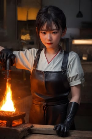 A close-up shot captures the intense focus of a skilled Japanese swordsmith, her hands encased in worn leather gloves as she expertly hammers a glowing chunk of red-hot iron on an anvil. The fiery metal seems to pulse with life, casting a warm orange glow across her determined face and the rustic surroundings of her traditional workshop.