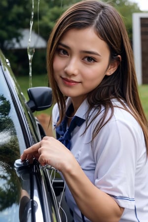 Best Quality, 32k, photorealistic, ultra-detailed, finely detailed, high resolution, perfect dynamic composition, beautiful detailed eyes, sharp-focus, a beautiful school girl washing the car, soaking wet,