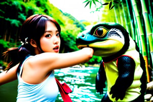 (masterpiece:1.1), (best quality:1), (ultra high res:1.2), 8k, photo real, (beautiful and clear background:1.0), (depth of field:1),Girl fighting with kappa, river side, bamboo forest