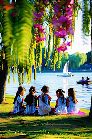 Golden light filters through the willow trees as a group of beautiful schoolgirls sit together on a blanket by the lake's edge. Freshly cut grass and the gentle lapping of water against the shore create a serene atmosphere. The girls' laughter and conversation fill the air as they enjoy their lunch, their bright dresses and blouses popping against the lush greenery. A sailboat drifts lazily across the lake, adding to the idyllic scene.