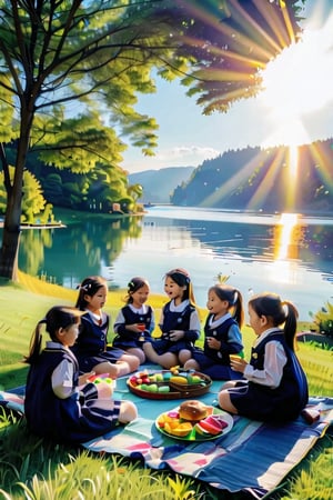 A serene lakeside setting, with a group of lovely schoolgirls gathered on a blanket, enjoying their lunch amidst the tranquil atmosphere. The warm sunlight casts a gentle glow on their smiling faces and brightens up their lively chatter. The surrounding lush greenery and the calm lake waters create a picturesque backdrop for this idyllic scene.