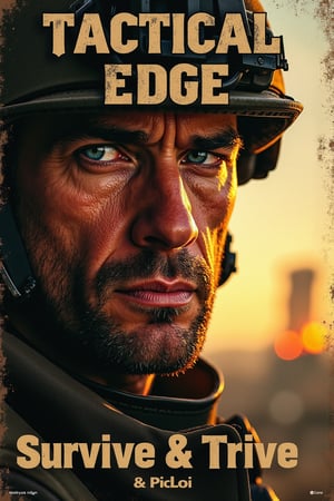 A dramatic close-up shot of a rugged military commander's face, illuminated by a warm golden light, dominates the cover. His piercing blue eyes seem to bore into the reader, his jawline strong and resolute. In the background, a blurred cityscape smolders in the distance, symbolizing the ever-present threat of war. The title 'Tactical Edge' embossed in bold black letters across the top, while the tagline 'Survive & Thrive' etched in smaller text at the bottom.