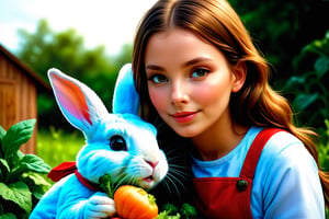 (sharp focus),  (award winning),  (extremely detailed),  (best quality, 4k, 8k, highres, masterpiece:1.2), ultra-detailed, (realistic, photorealistic, photo-realistic:1.37), A girl and a rabbit, the rabbit is eating vegetables, outdoor