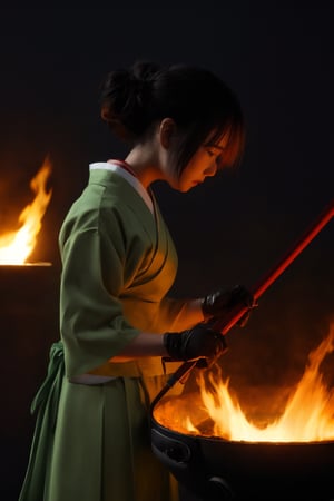 A close-up shot of a determined Japanese woman, dressed in traditional clothing, grasping a hammer with her gloved hand. She stands amidst a fiery forge, the flames casting a warm glow on her focused expression. The camera frames her strong profile as she skillfully hammers and shapes a glowing block of red-hot iron into the shape of a traditional Japanese sword, sparks flying in all directions.