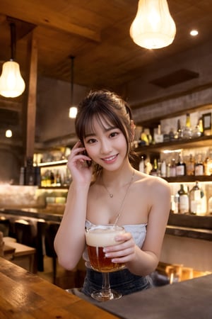 A warm and inviting scene: A young woman with a bright smile stands behind the counter of a trendy girls' bar, expertly pouring beer into a glass while chatting with a customer. The soft glow of pendant lamps above illuminates her face, and the rustic wooden countertop reflects the warm tones of the lighting. The composition is centered around the smiling woman, with the customer's relaxed pose in the background adding to the cozy atmosphere.