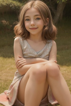 A young girl sits comfortably on a blanket-covered grassy hill, her legs bent at the knee and arms draped casually beside her. Her expression is serene, with a slight smile playing on her lips. The warm sunlight casts a gentle glow over the scene, with soft shadows beneath her eyes and along her nose.