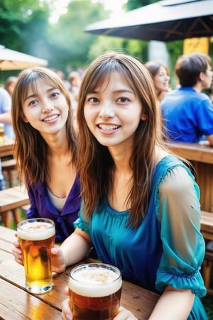 (masterpiece, best quality, dynamic angle, realistic, wide shot), drunk girls drinking beer, full body, beer garden, sharp focus ,real_booster