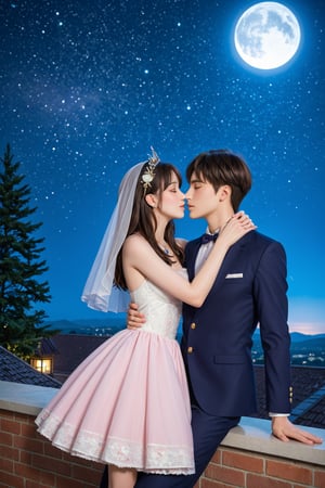 A serene couple, entwined in a romantic embrace, gazes up at the majestic harvest moon, its radiant glow casting an ethereal light upon their faces. The full moon's creamy white hue is subtly diffused by wispy clouds, imbuing the scene with a sense of mystique. Against the starry night sky, the rooftop's weathered tiles and rustic railings provide a charming backdrop for this whimsical fantasy, as if plucked from a dream.