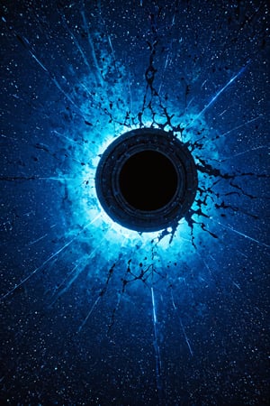 A swirling vortex of dark matter dominates the frame, a cosmic black hole's event horizon illuminated by an eerie blue glow. Starlight and gas swirl around its edge, a mesmerizing dance of celestial debris. In the distance, a distant galaxy's faint light hints at the vastness of the universe.