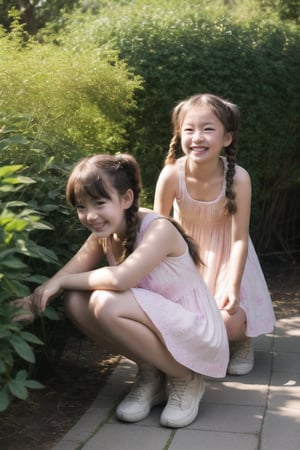 A warm afternoon sun casts a gentle glow on a lush green backyard as two girls, dressed in summer dresses and ponytails, engage in a classic game of hide-and-seek. One girl crouches behind a tall bush, her bright smile hidden from view, while the other searches for her friend with an excited gaze, her blonde pigtails bouncing with each step.