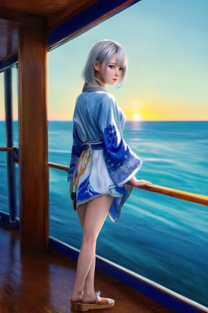 (Top Quality, 8K, High Resolution, masterpiece:1.2), ultra-detailed, realistic, physically based rendering, HDR, colorful lighting, full body, Summer sunshine, girl looking back, , on the ship, silver hair, blue eyes, from below, Japan Hime_cut style