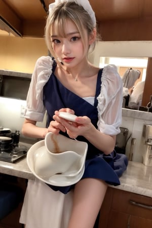 Beautiful maid wiping up spilled coffee, from below, full body, apologetic face, silver hair, blue eyes